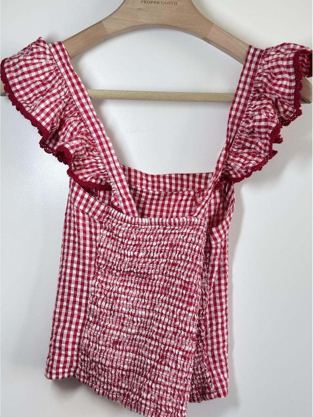 Broadway 38 Gingham Smocked Crop Top M Pink White Check Ruffle Strap Cottagecore - Picture 4 of 9